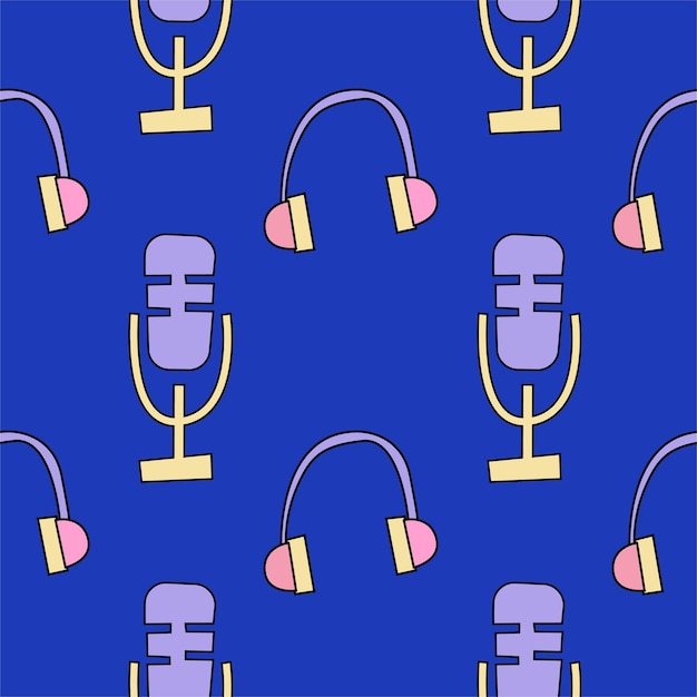 Padrão perfeito de podcast com microfone e fones de ouvido em fundo azul