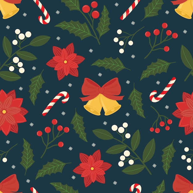 Vetor padrão perfeito de ramos de elementos de ano novo com bagas, flocos de neve, folha de azevinho