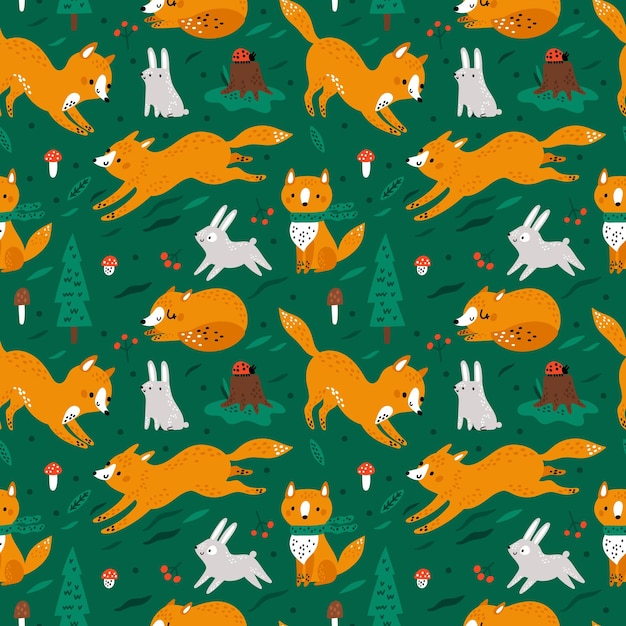 Padrão perfeito de raposas e coelhos fofos crianças imprimem com animais engraçados moradores da floresta vermelha natureza escandinava papel de parede de bebê raposas e lebres da floresta dos desenhos animados fundo verde vetorial