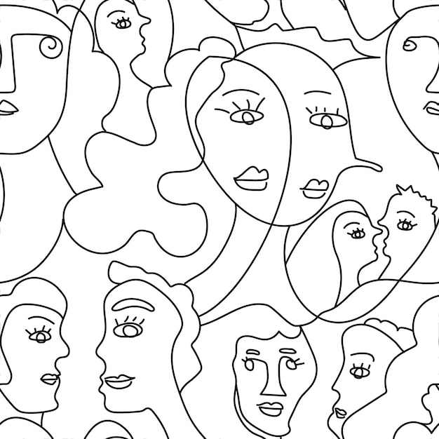 Vetor padrão perfeito de rostos abstratos desenhados à mão de homens e mulheres no estilo de arte de linha