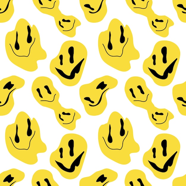 Padrão perfeito de sorrisos derretidos ou pingando conjunto de sorrisos psicodélicos isolados em fundo branco vector fundo sem costura eps