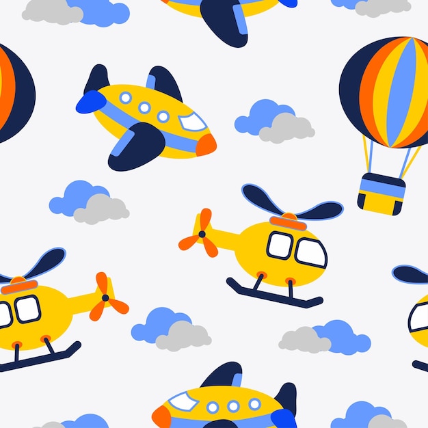 Padrão perfeito de vetor de desenho animado de transporte de céu colorido bonito