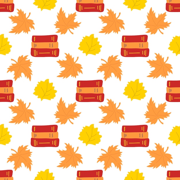 Padrão perfeito de vetores de outono outono Folhas laranja e amarelas com livros