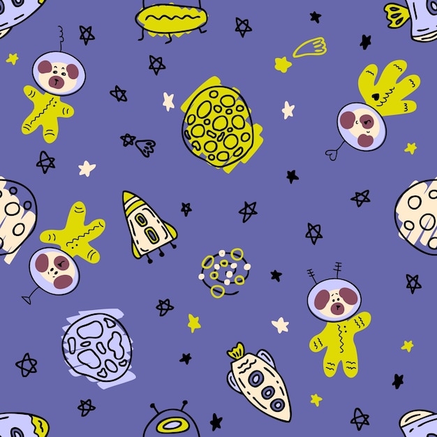 Vetor padrão perfeito desenhado à mão com cães pug de astronautas no espaço perfeito para têxteis de camiseta e ilustração vetorial doodle impressa para decoração e design