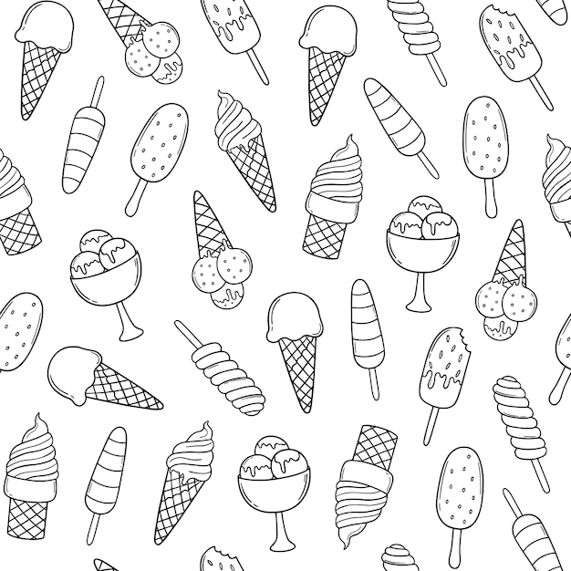 Padrão perfeito desenhado à mão de doodle de sorvete sobremesas doces cone de waffle esquimó no estilo de desenho