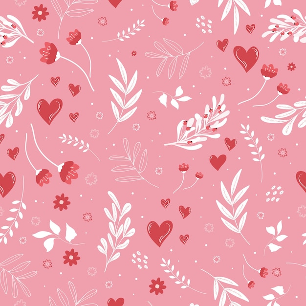 Padrão perfeito do dia dos namorados com corações, plantas, flores, tulipas em desenho de fundo rosa