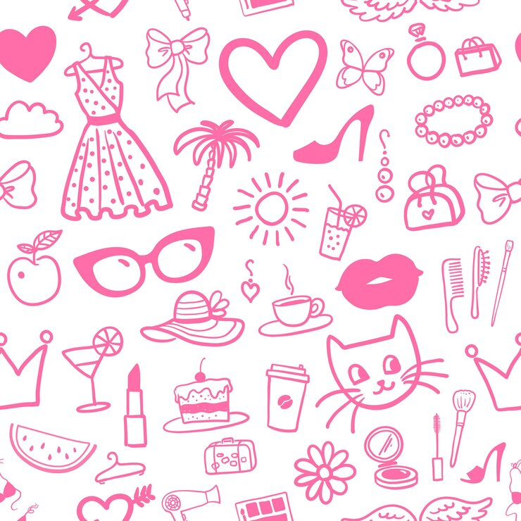 Vetor padrão perfeito em cores rosa com rabiscos de beleza e moda