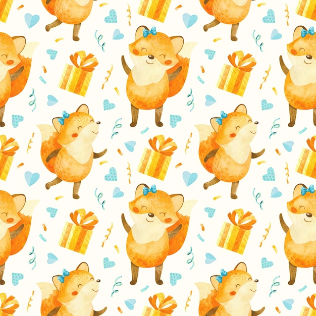 Padrão perfeito Filhote de raposa feliz com presentes personagens de desenhos animados de fundo de festa de aniversário infantil