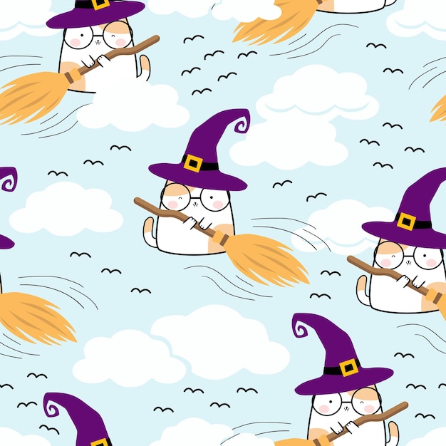 Vetor padrão perfeito no estilo de gato fofo kawaii para halloween cartoon animals background vector illustra