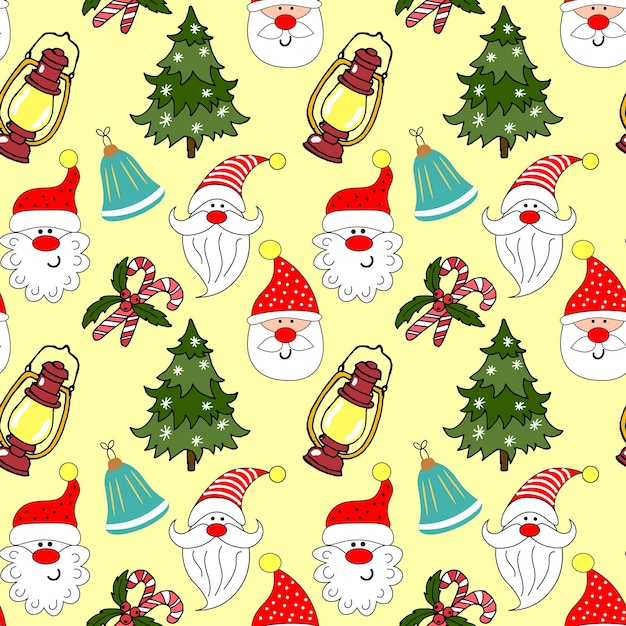 Padrão perfeito, rostos bonitos de Papai Noel, lanternas e árvores de Natal. Ilustração de desenho animado