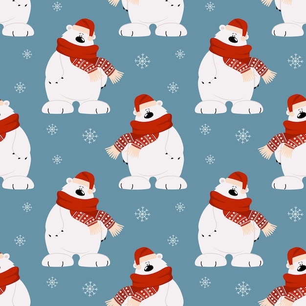 Padrão perfeito, urso polar de desenho animado bonito em um cachecol e chapéu em um fundo de flocos de neve. Imprimir