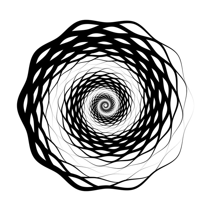 Vetor padrão radial abstrato forma espiral geométrica circular conceito de concha decorativa redonda desenho preto