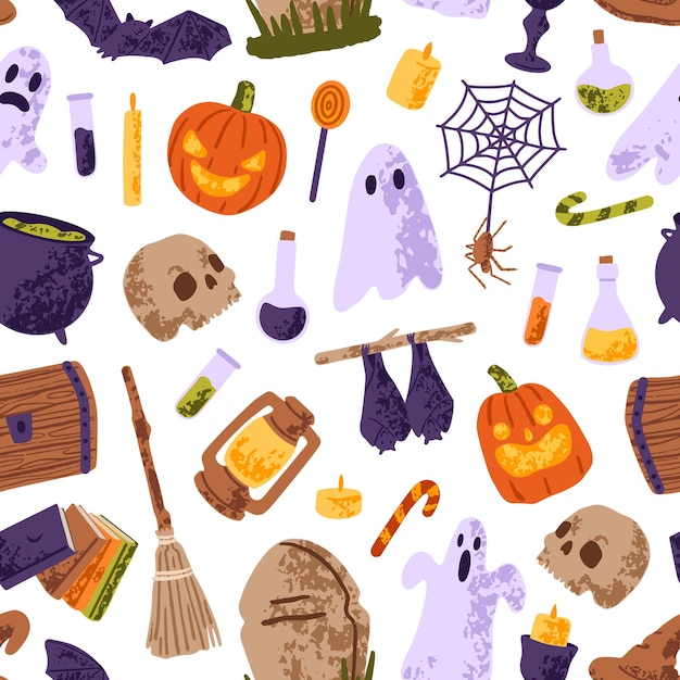 Padrão repetível de símbolos de Halloween em fundo branco Helloween pano de fundo interminável com fantasmas assustadores abóboras assustadoras caveiras assustadoras rede de aranha ilustração vetorial desenhada à mão sem costura plana