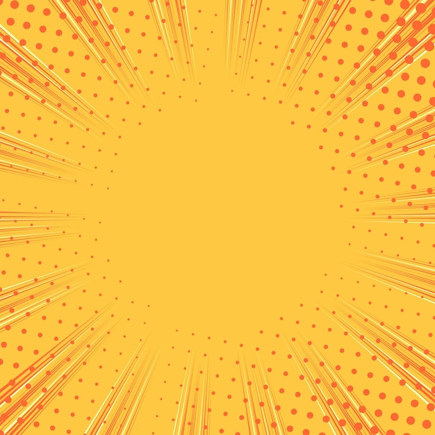 Padrão retrô amarelo brilhante de arte pop de fundo com pontos vermelhos e raios em direção ao centro