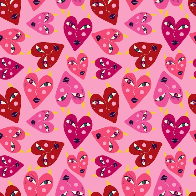 Vetor padrão rosa fresco com corações diabólicos vermelhos para o dia dos namorados e feriados de halloween