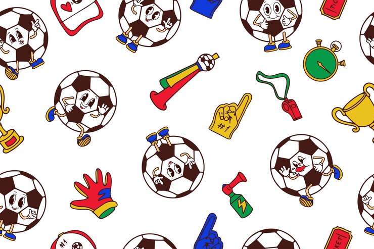 Vetor padrão seamless de carinhosos engraçados felizes personagens de bola de futebol e futebal e fãs atributos mão