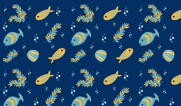 Padrão sem costura animais oceânicos algas estrelas de mar em fundo branco modelo de bandeira vetorial