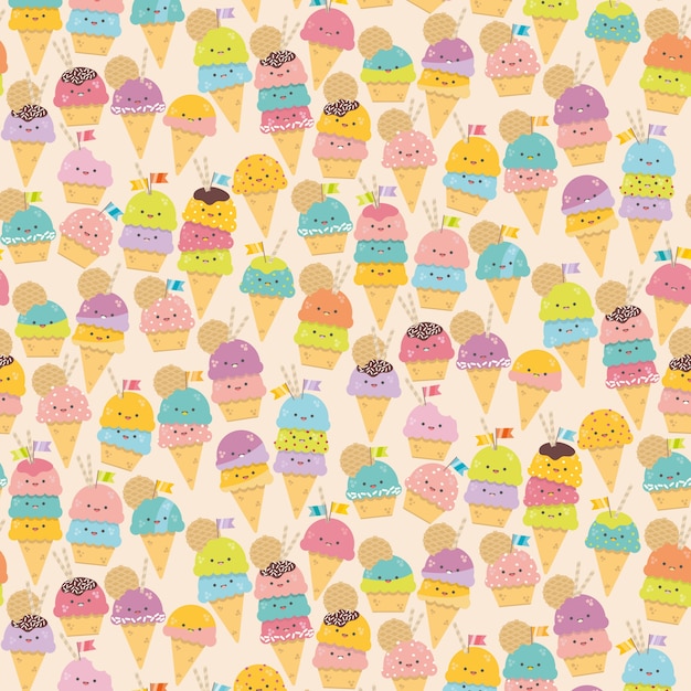 Padrão sem costura bonito dos cones de sorvete dos desenhos animados. kawaii fundo colorido do vetor.