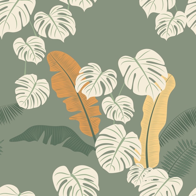 Padrão sem costura botânico com folhas tropicais exóticas em cores verdes suaves de sálvia fundo da selva