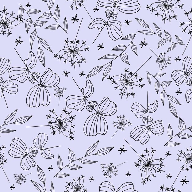 Padrão sem costura botânico Estilo de rabisco linear Plantas minimalistas com folhas largas e estreitas