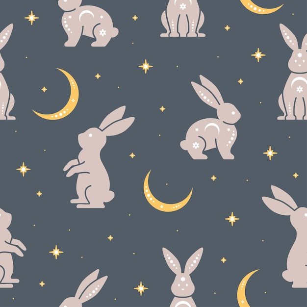 Vetor padrão sem costura celestial na moda com coelhos boho fundo mágico lua estrelas e coelhos