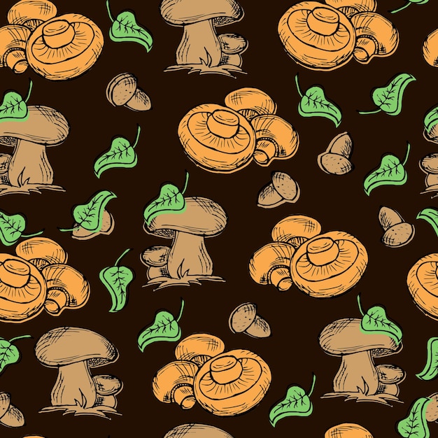 Padrão sem costura, cogumelos desenhados à mão, bolotas e folhas em um fundo escuro