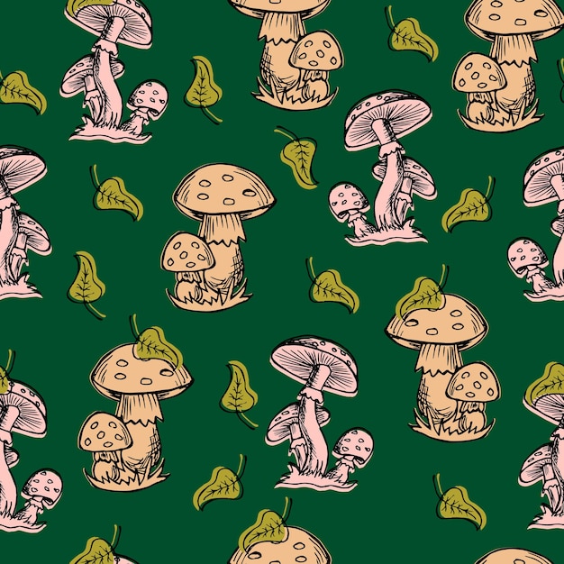 Padrão sem costura, cogumelos desenhados à mão e folhas em um fundo escuro