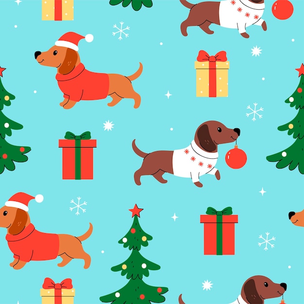 Padrão sem costura com árvores de dachshunds de Natal e presentes Gráficos vetoriais