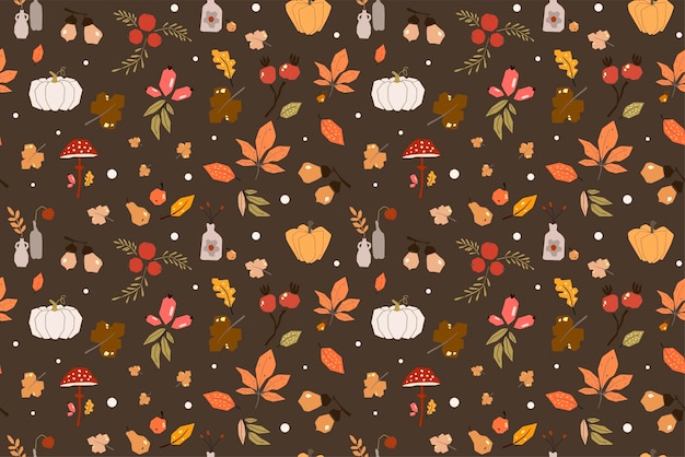 Padrão sem costura com bolotas e folhas de carvalho de outono em laranja bege marrom e amarelo perfeito para papel de parede padrão de papel de presente preenche fundo de página da web cartões de outono