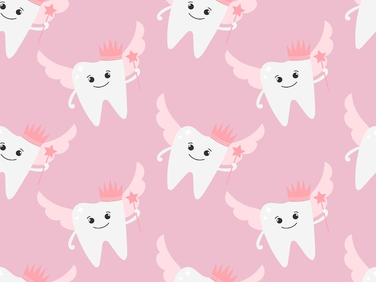Vetor padrão sem costura com bonita fada dos dentes com coroa e varinha mágica em fundo rosa desenhado à mão