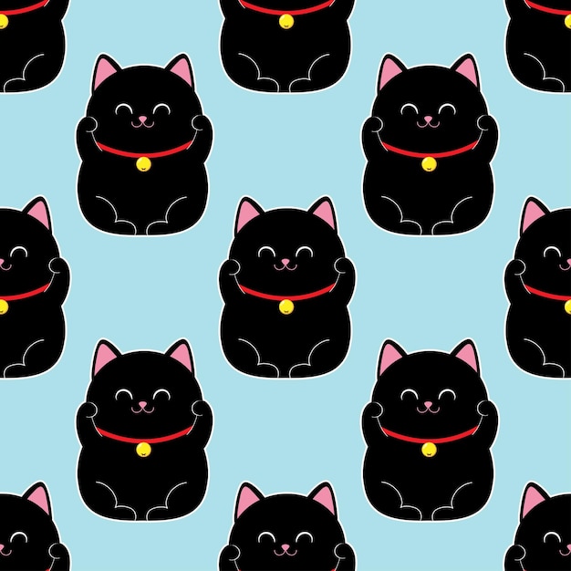 Padrão sem costura com bonito maneki neko gato japonês da sorte deseja boa sorte e riqueza ilustração vetorial de gatinho preto