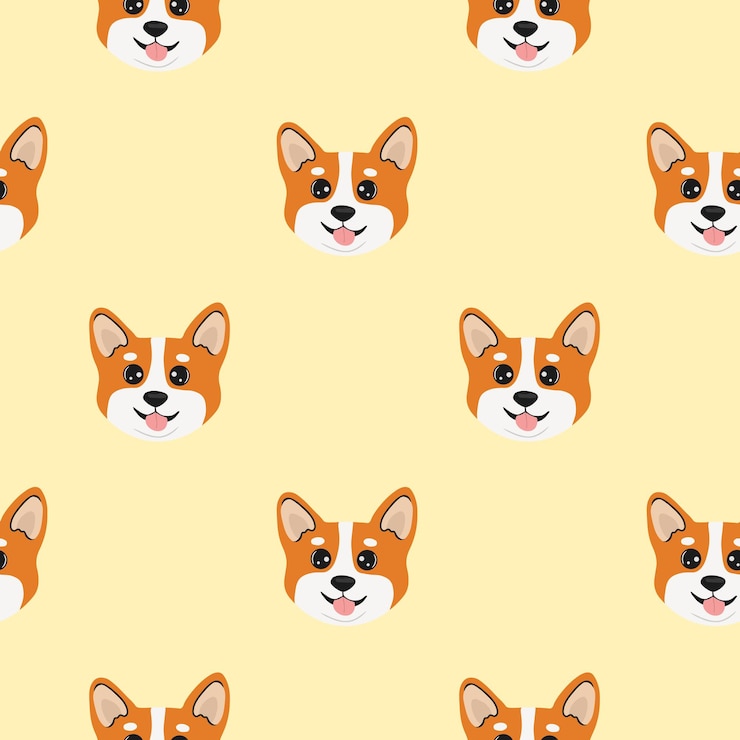 Vetor padrão sem costura com cabeça corgi desenho de desenho animado personagem animal estilo vetor plano textura de bebê para tecido embrulho têxtil papel de parede roupas cachorrinho engraçado