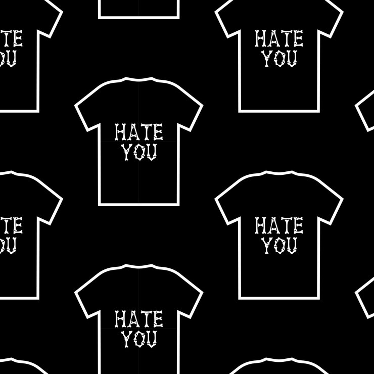 Vetor padrão sem costura com camiseta preta com impressão hate you black emo fundo gótico estética gótica em y2k estilo dos anos 90 00s e 2000s ilustração vetorial