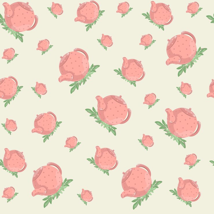 Vetor padrão sem costura com chaleiras e folhas cor-de-rosa em fundo de cor clara