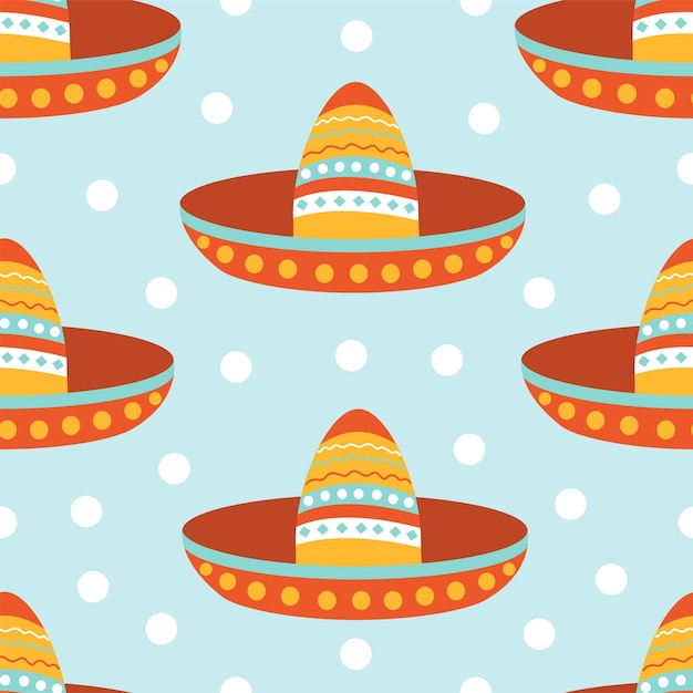 Padrão sem costura com chapéu sombrero mexicano em um fundo azul design festivo e decoração de festa