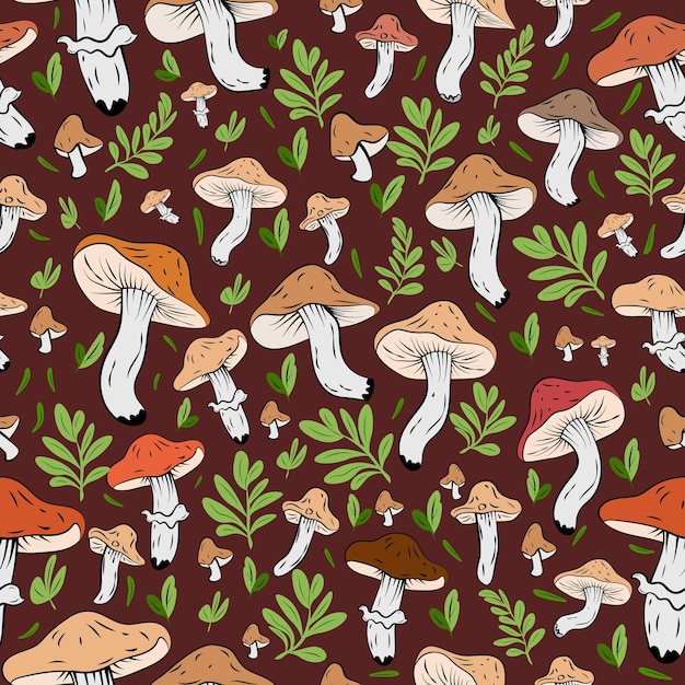 Padrão sem costura com cogumelos selvagens em fundo castanho um padrão combinando cogumelos