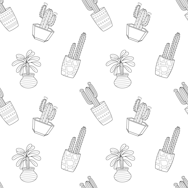 Padrão sem costura com contorno de rabiscos desenhados à mão cactos em vasos planta em casa suculenta linear ilustração vetorial em preto e branco sobre fundo branco