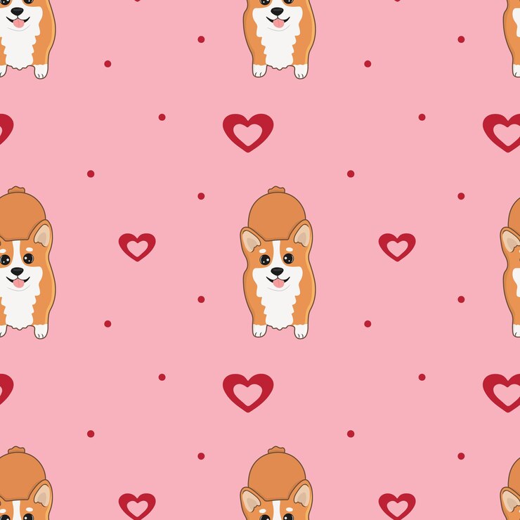Vetor padrão sem costura com corgis e corações fundo para embrulhar cartões de papel e design sazonal feliz dia dos namorados