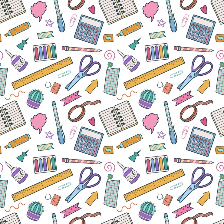 Vetor padrão sem costura com desenho à mão de artigos escolares crianças bonitas de volta à escola ilustração vetorial