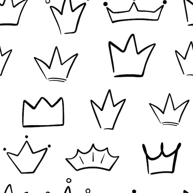 Vetor padrão sem costura com diferentes coroas e tiaras rabiscadas coroa desenhada à mão em branco