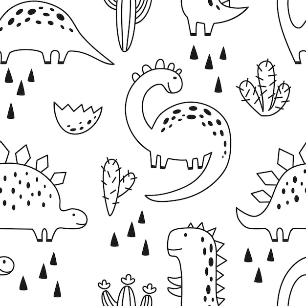 Padrão sem costura com dinossauro fofo em estilo esboçado de esboço dino de desenho animado doodle vetorial desenhado à mão para crianças