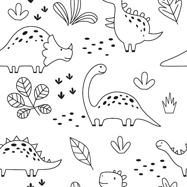 Padrão sem costura com dinossauro fofo em estilo esboçado de esboço dino de desenho animado doodle vetorial desenhado à mão para crianças