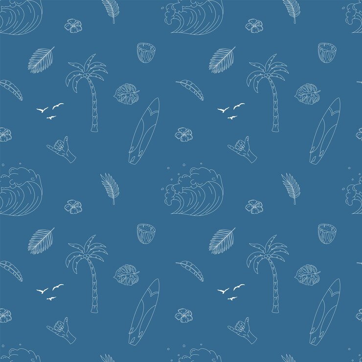 Padrão sem costura com elementos desenhados à mão com um tema de surf Palmeiras de surf de ondas e muito mais