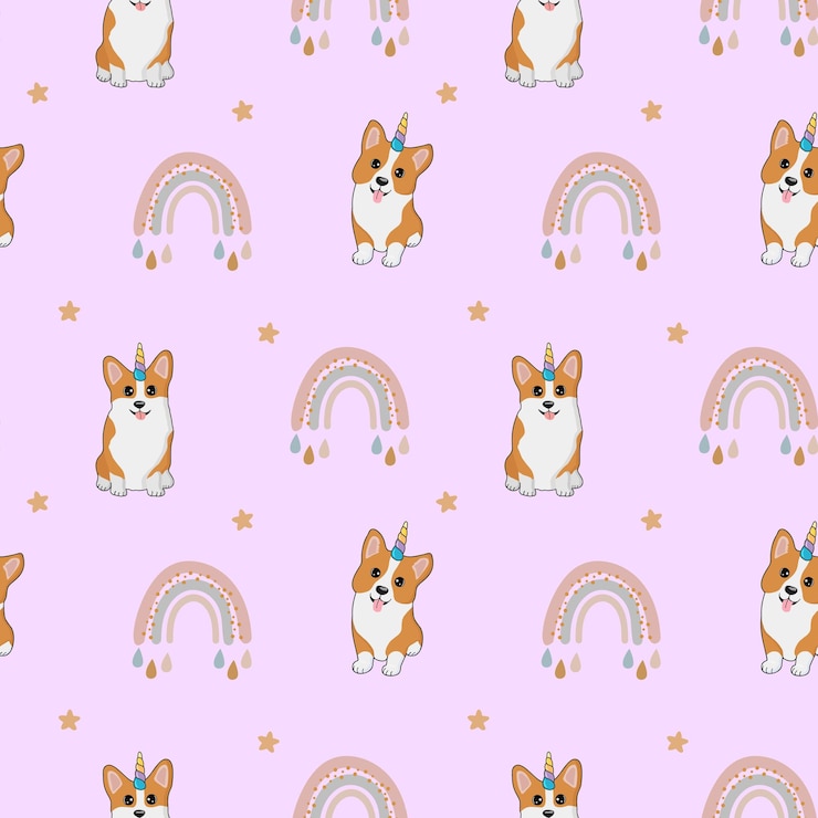 Vetor padrão sem costura com estrelas corgi e arco-íris fundo para embrulhar design de cartões de saudação de papel
