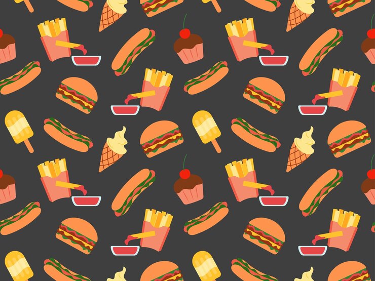 Vetor padrão sem costura com fast food em fundo preto ilustração vetorial para papel de embrulho têxtil