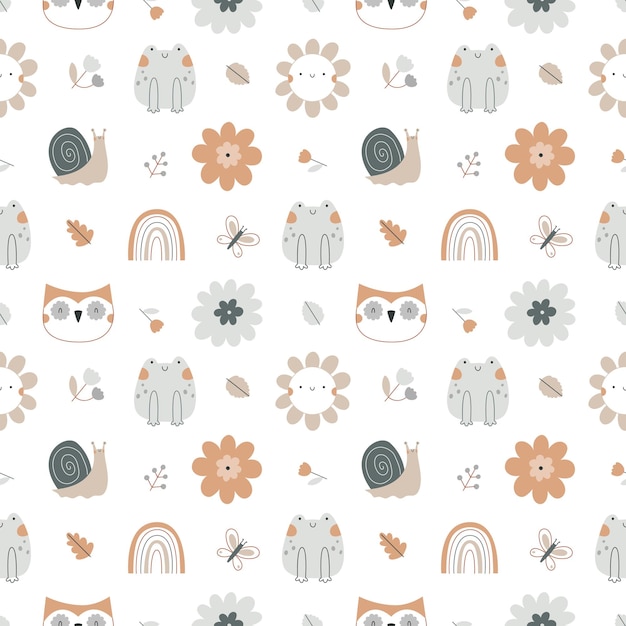 Padrão sem costura com flores de sapo, sapo, sol e arco-íris Ilustração vetorial