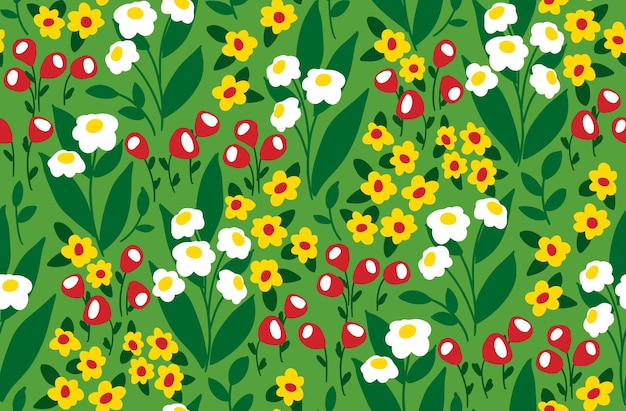 Padrão sem costura com folhas de flores simples de prado de desenho animado em um campo verde fundo botânico de impressão floral com plantas de verão em cores brilhantes ilustração vetorial