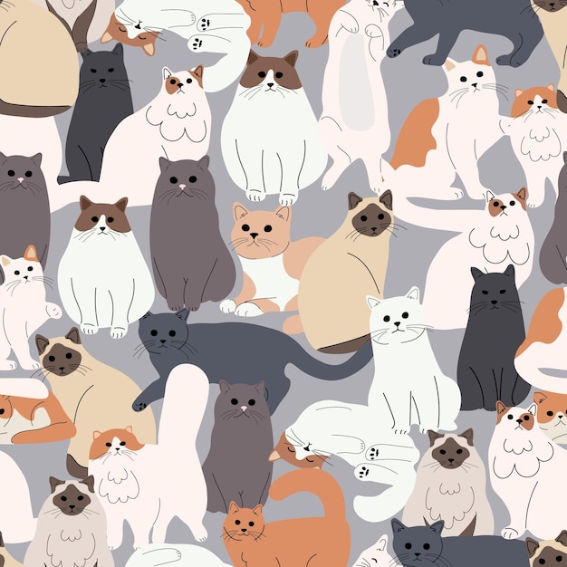 Padrão sem costura com gatos Conjunto de animais de estimação de desenhos animados de gatos fofos para imprimir cartazes e cartão postal Vector animal background Gatinhos engraçados