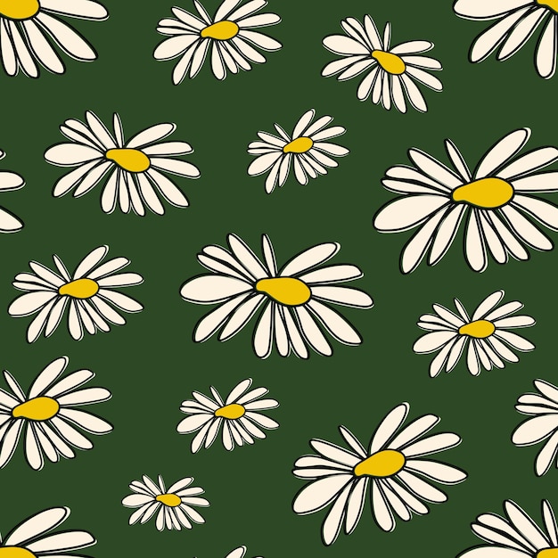 Padrão sem costura com ilustração vetorial de contorno de estilo plano de camomila em fundo verde Lindas flores coloridas ornamento fofo Impressão gráfica para design de tecido