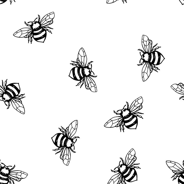 Vetor padrão sem costura com impressão minimalista de abelhas com abelhas desenhadas por linhas em um fundo branco